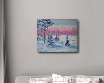 冬の風景 キャンバスに油絵、雪の森、雪の絵、冬のアートワーク
