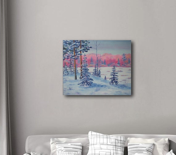 冬の風景 キャンバスに油絵、雪の森、雪の絵、冬のアートワーク