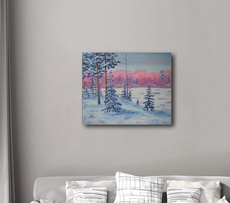冬の風景 キャンバスに油絵、雪の森、雪の絵、冬のアートワーク