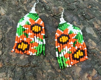 Orange flowers earrings, Summer flowers earrings, Floral seed bead earrings, summer jewelry, Mexican earrings, dangle earrings Handmade boho