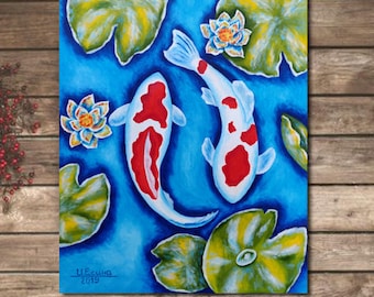 Koi Fish Original Oil Painting, Koi Carp Artwork Japanese Fish