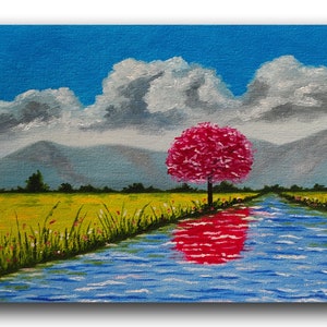 Summer landscape art, Landscape Painting, River Artwork, Blooming Tree Painting, Summer Meadow field oil, Original artwork by Inna Esina