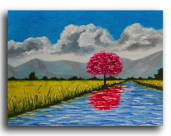 オリジナル油絵、川の風景画、花咲く草原、小さな壁掛けアート、8x8