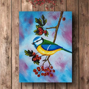 Pintura a óleo original de pássaro chapim, óleo de chapim-azul, arte de pássaro, chapim em papelão, chapim, pássaro em galho, arte de pássaro pequeno, obra de arte de Inna Esina