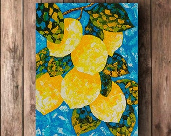 Lemon Oil Painting Original Palette Knife Lemon Branch Art Work Citrus Fruit Oil Painting Lemons on Tree, artwork by Inna Esina