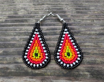 Kolczyki meksykańskie, Kolczyki z koralików nasiennych, Kolczyki Huichol wiszące, Kolczyki letnie ręcznie robione, Meksykański folk, Meksykańska biżuteria boho koraliki