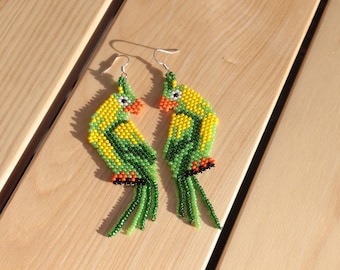 Parrot earrings, bird earrings, Macaw Parrot earrings, Seed Bead Earrings, Beaded Jewelry, summer earrings, Tropical Great Gift, Boho Native
