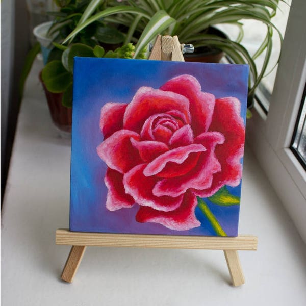 Rose miniature Painting, Red rose art oil, Mini canvas with Easel, Hand painted Flower, Flower painting, Unique Gift ACEO