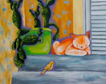 Cat Painting Canvas Original Artwork, Sleeping Orange cat oil, Animal Wall Art, Oil Painting Animal, sleeping kitty oil, Gift for Cat Lovers