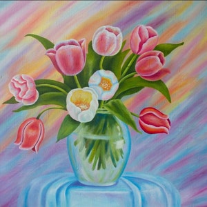 Tulpen Blumenmalerei Öl, Malerei Auf Leinwand, Leinwand Original, Tulpe Wandkunst, Tulpe Wanddekor, Blumen Leinwand Kunst, Frühlingsblumenstrauß Öl