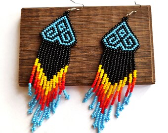 Huichol earrings, Mexican Beaded Earrings, Tribal beaded earrings, Boho Earrings, dangle earrings Handmade, fringe earrings, Huichol style