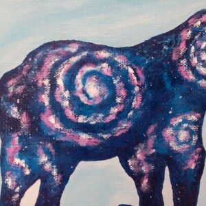 May include: A blue and pink abstract painting of an elephant with a galaxy-like pattern on its body.