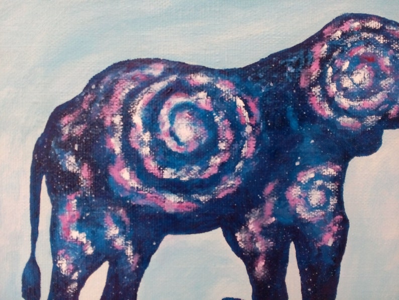 May include: A blue and pink abstract painting of an elephant with a galaxy-like pattern on its body.