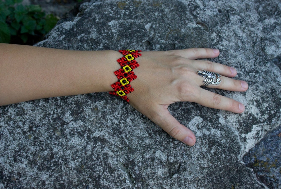 Huichol Bracelet Yellow Red Bracelet Mexican Bracelet Etsy