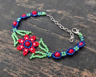 Flower bracelet beaded, Summer Mexican bracelet, Huichol bracelet, Huichol jewelry, Handmade beaded bracelet, Seed Bead Ankle Bracelet, boho