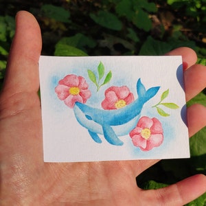 ACEO Whale Original Card Aquarela, Artwork Whale Card, Ocean Card, Animal Art Original, Pintura em aquarela 2,5 por 3,5” por Inna Esina