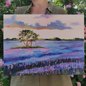 Lavender Original Art Oil On Canvas, sunset painting oil, Lavender Field Painting, Tuscany painting oil, Tuscany Landscape Oil, Provence Art