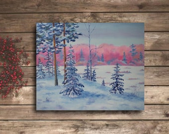 冬の風景 キャンバスに油絵、雪の森、雪の絵、冬のアートワーク