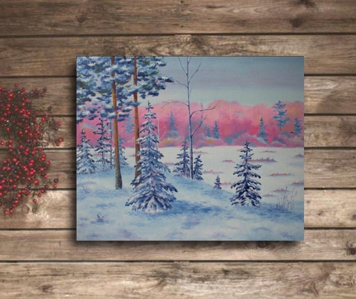 冬の風景 キャンバスに油絵、雪の森、雪の絵、冬のアートワーク