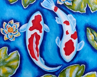 Koi Fish Original Oil Painting, Koi Carp Artwork Japanese Fish