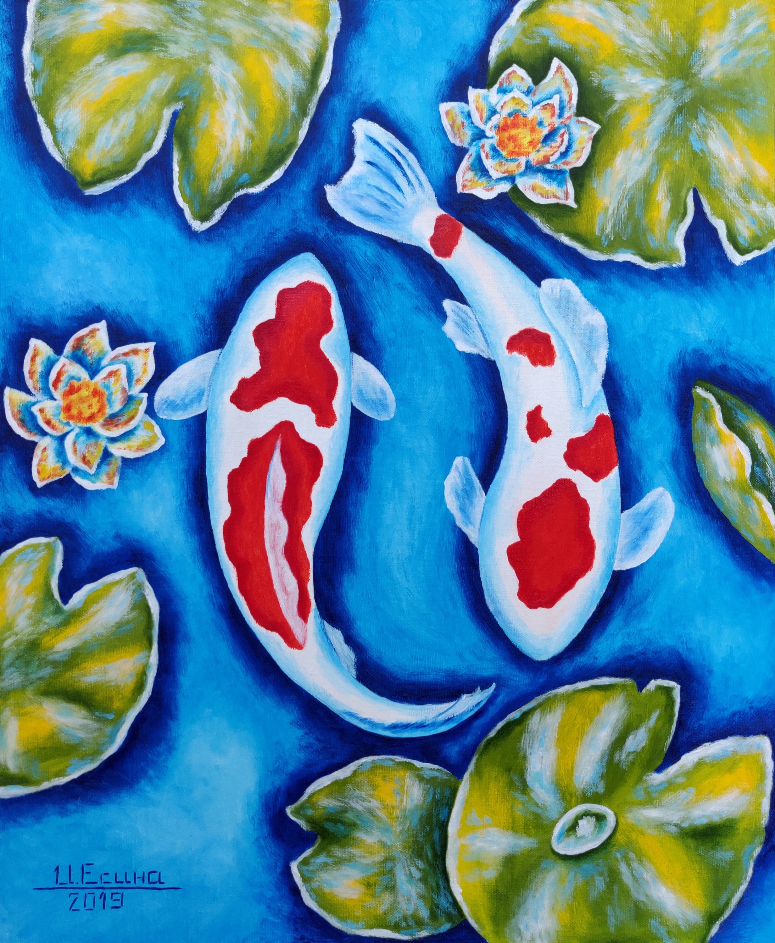 Koi Fish Original Oil Painting, Koi Carp Artwork Japanese Fish