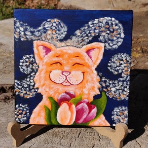 Cat Canvas painting, Cat Art, Mini Cat Oil Painting, Cat miniature Painting, Mini canvas with Easel, Miniature Animal art, Cat With Flowers