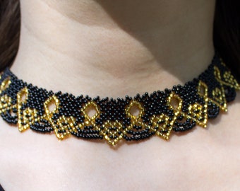Black Gold necklace beaded, handicraft Collar Bead, handmade necklase hearts, Huichol beaded necklase, Beaded collar, Gothic Beaded Necklace