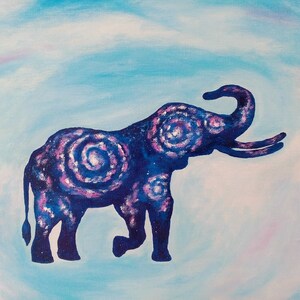 May include: A blue elephant silhouette with a galaxy pattern on a light blue background.