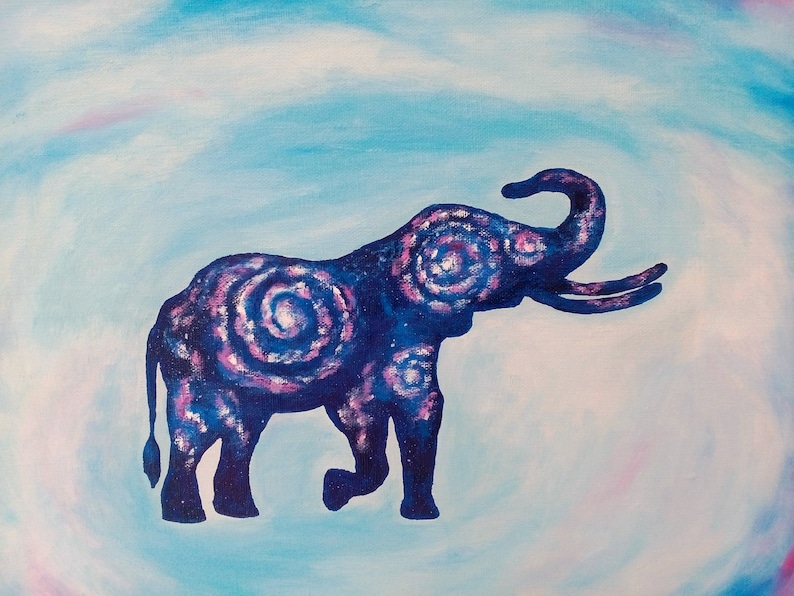 May include: A blue elephant silhouette with a galaxy pattern on a light blue background.