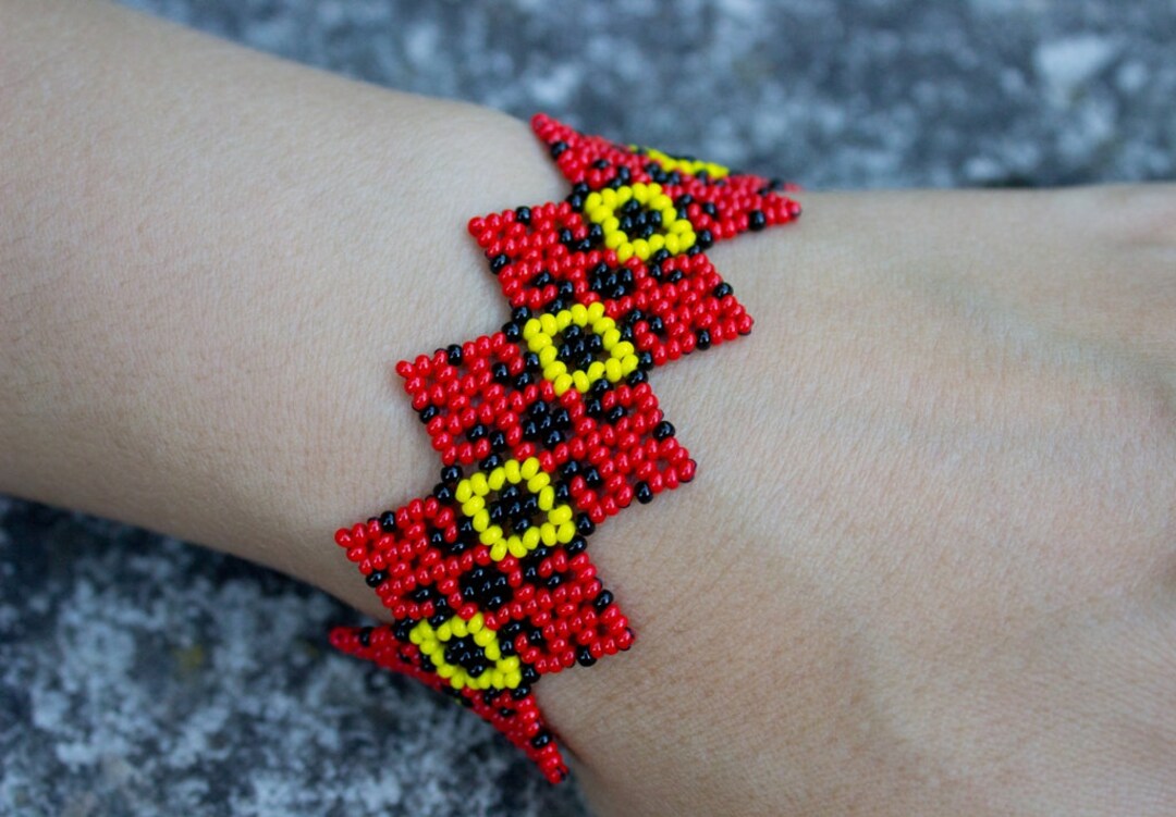 Huichol Bracelet, Yellow Red Bracelet, Mexican Bracelet, Mexican