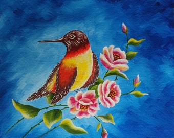 Hummingbird oil painting, Cute bird wall art, Original Art Birds Wall Art, Colibri art Backyard Birds, Colibri painting canvas by Inna Esina