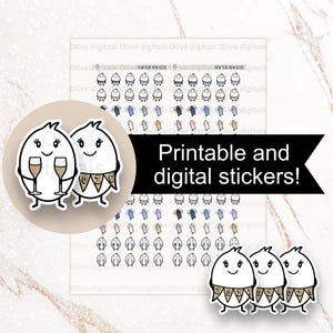 Op de afbeelding: Een vel met printbare en digitale stickers. De stickers tonen cartoonfiguren met champagneglazen en banners met de tekst "2026". Extra stickers zijn kleine karakters en edelsteenachtige vormen.