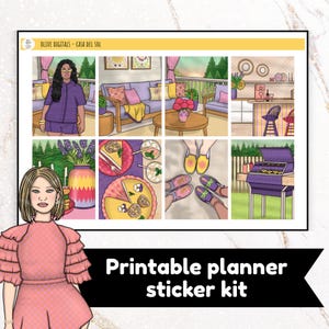Op de afbeelding: Een printbare planner stickerkit getiteld Olive Digitals - Casa Del Sol met geïllustreerde scènes van een persoon, een terras met paarse meubels, een keukenblad, een vaas met bloemen, taartpunten, kleurrijke schoenen en een barbecue.