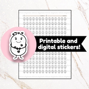 Op de afbeelding: Een vel zwart-wit stickers met een herhalend ontwerp van een lachend karakter met harten. Een roze cirkel met een sticker van het karakter staat in de hoek. De tekst "Printable and digital stickers!" wordt weergegeven.