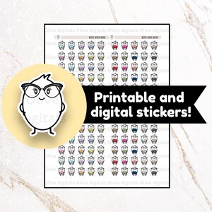 May include: A sheet of printable and digital stickers featuring owl-like characters wearing glasses. The stickers are in various colors and have the text "Work Work Work". A cartoon character with glasses is on a yellow circle.