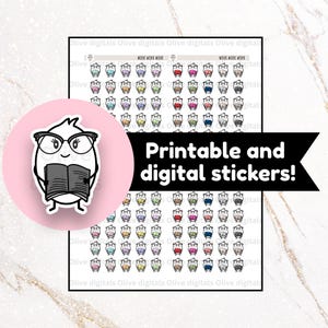 Op de afbeelding: Een verzameling printbare en digitale stickers met een ei-personage met een bril en een boek. De stickers zijn in verschillende kleuren en ontwerpen, met de tekst "WORK WORK WORK".