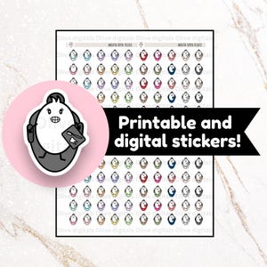 Op de afbeelding: Een vel met printbare en digitale stickers met een stripfiguur dat een tandheelkundig instrument vasthoudt. De stickers zijn in verschillende kleuren en hebben de tekst "MOUTH OPEN PLEASE". De afbeelding bevat ook de tekst "Printable and digital stickers!"