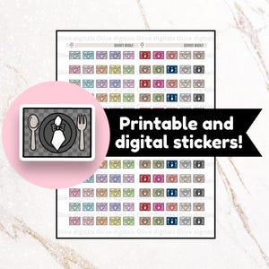 Op de afbeelding: Een vel met printbare en digitale stickers met diner-thema ontwerpen. De stickers bevatten een tafelschikking met een lepel, vork en servet, plus kleurrijke ontwerpen met geldthema. De tekst "Printable and digital stickers!" is ook zichtbaar.