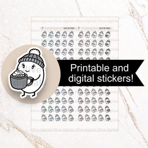 Op de afbeelding: Een vel met printbare en digitale stickers met een stripfiguur met een mok warme chocolademelk, met een grijze muts. De stickers zijn in verschillende kleuren en ontwerpen, met de tekst "Olive Hot Choco".