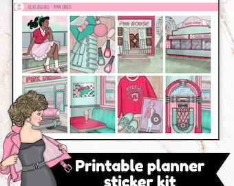 Printable Vertical Planner Sticker Kit - Erin Condren Vertical Kit - Grease Inspired - Instant download - PINK LADIES