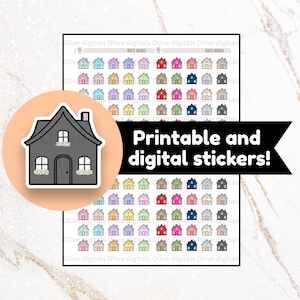 Op de afbeelding: Een vel met printbare en digitale stickers met een verscheidenheid aan kleurrijke huisdoodles. De stickers bevatten een grijze huissticker met een zwarte omtrek. De tekst "Printable and digital stickers!" is ook zichtbaar.