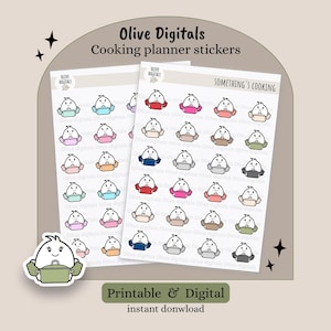 Op de afbeelding: Twee vellen plannerstickers met een stripfiguur die verschillende gekleurde kookpotten vasthoudt. De tekst luidt Olive Digitals, Cooking planner stickers en SOMETHING'S COOKING. Een losse sticker van het figuurtje met een groene pan is apart weergegeven.