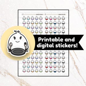 May include: A digital sticker sheet featuring rows of small white cartoon characters holding a spoon and fork over a plate. The text "DINNER FOR ONE" appears at the top, and a black banner across the center reads "Printable and digital stickers!"