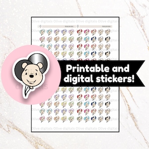 May include: A collection of printable and digital stickers featuring a cartoon bear holding balloons. The stickers are in various colours, with the text "Printable and digital stickers!" in black.