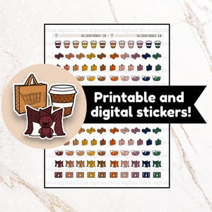 Op de afbeelding: Een digitaal stickervel met rijen kleine iconen in herfstkleuren, waaronder koffiebekers, dumbbells, boodschappentassen en teddyberen. Een cirkelvormige overlay toont een boodschappentas, een koffiebeker en een teddybeer. Tekst: Printable and digital stickers!