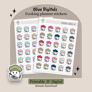 Op de afbeelding: Twee vellen Olive Digitals kookplanner-stickers met cartoonkoks in verschillende gekleurde mutsen die gardes vasthouden. De tekst luidt Olive Digitals, Cooking planner stickers en Stirring things up. Inclusief een enkele uitgestanste kokssticker.