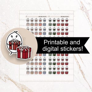 Op de afbeelding: Een vel met printbare en digitale stickers met kerstcadeaus en een stripfiguur met een cadeau. De stickers zijn in verschillende kleuren, waaronder rood, groen en bruin. Tekst op de afbeelding luidt "Printbare en digitale stickers!"