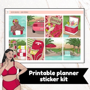Op de afbeelding: Printbare planner sticker kit met zomerse illustraties. De kit bevat afbeeldingen van een vrouw in een zwembad, een roze auto, een koeler, een badpak van een badmeester en een zwembadscène. De tekst "Sunnies" is zichtbaar.