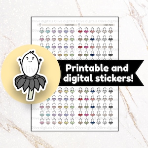 Op de afbeelding: Een vel met printbare en digitale stickers met een herhalend patroon van kleine bloemachtige figuren met kleurrijke rokken. Een grote sticker van een lachend bloemkarakter staat op de voorgrond. De tekst "Printable and digital stickers!" is ook zichtbaar.