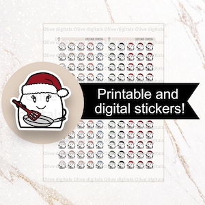 Op de afbeelding: Een vel met printbare en digitale stickers met een cartoonchef met een kerstmuts en een spatel en pan. De vellen bevatten ook meerdere kleine stickers van chefs met verschillende gekleurde hoeden. De tekst "Printable and digital stickers!" is ook zichtbaar.